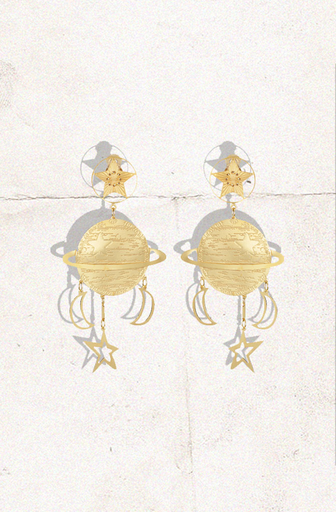 Lucky Saturn EarringsEarringsExtra large clip-on earrings in the shape of Saturn, the planet that symbolises wisdom and discipline spiritually. Additional pendants in the shape of moons and starGlobalistinaLucky Saturn EarringsGlobalistina