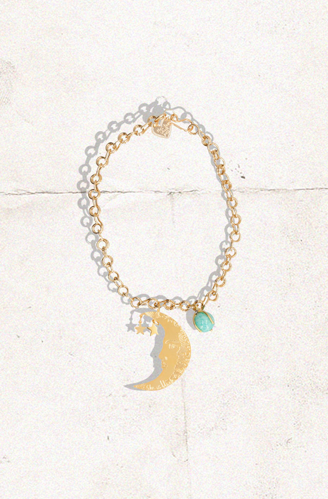 Reaching the Moon NecklaceNecklaceChunky chain necklace with moon, stars and stone pendant. Hook shaped clasp. Engraved statement on the bottom edge of moon pendant 'She is black, the light is insideGlobalistinaMoon NecklaceGlobalistina