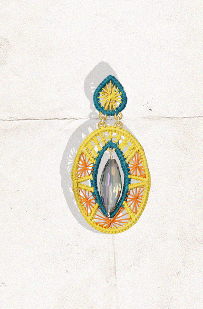 Soledad EarringsEarringsHandcrafted clip-on earrings in a beaufitul combination of blue and yellow, combined with intricate patterns and a large glass crystal in the centre. The Soledad earGlobalistinaSoledad EarringsGlobalistina