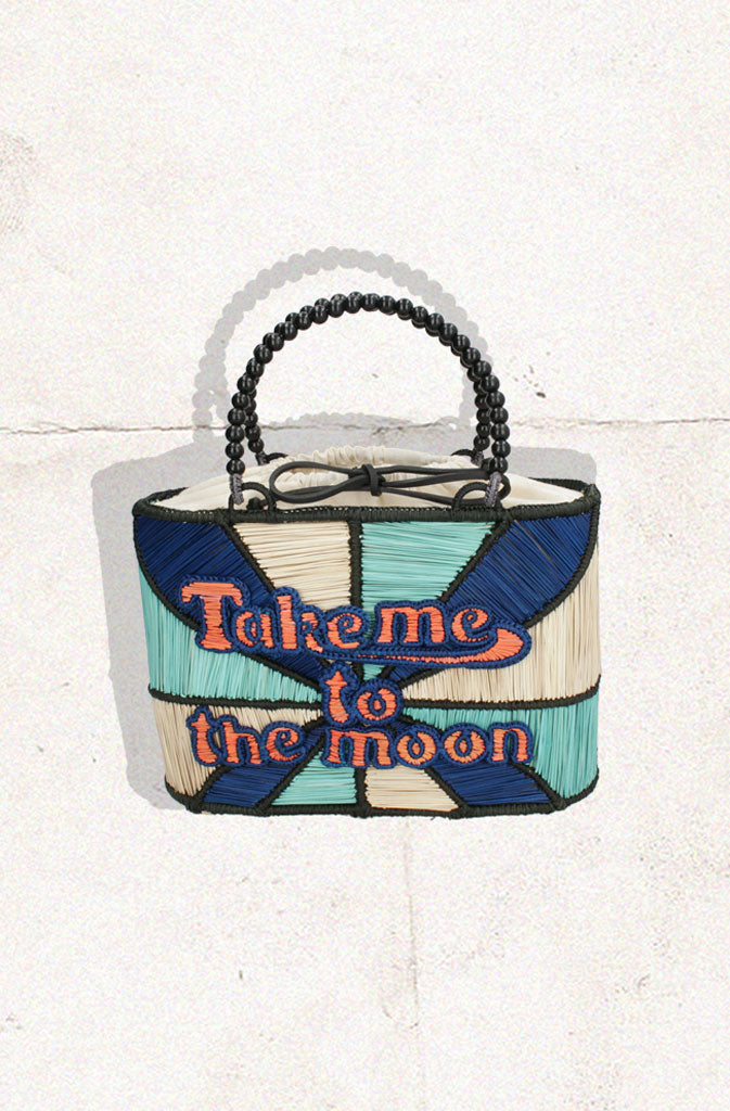 Take Me To The Moon HandbagHard Shaped BagQuirky bag with welded structure and 'Take me to the Moon' statement across the front. Inner lining in cotton fabric with a cord closing system to ensure your belongGlobalistinaMoon HandbagGlobalistina