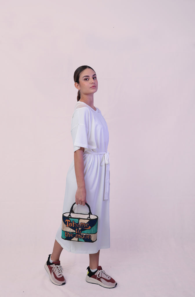 Take Me To The Moon HandbagHard Shaped BagQuirky bag with welded structure and 'Take me to the Moon' statement across the front. Inner lining in cotton fabric with a cord closing system to ensure your belongGlobalistinaMoon HandbagGlobalistina